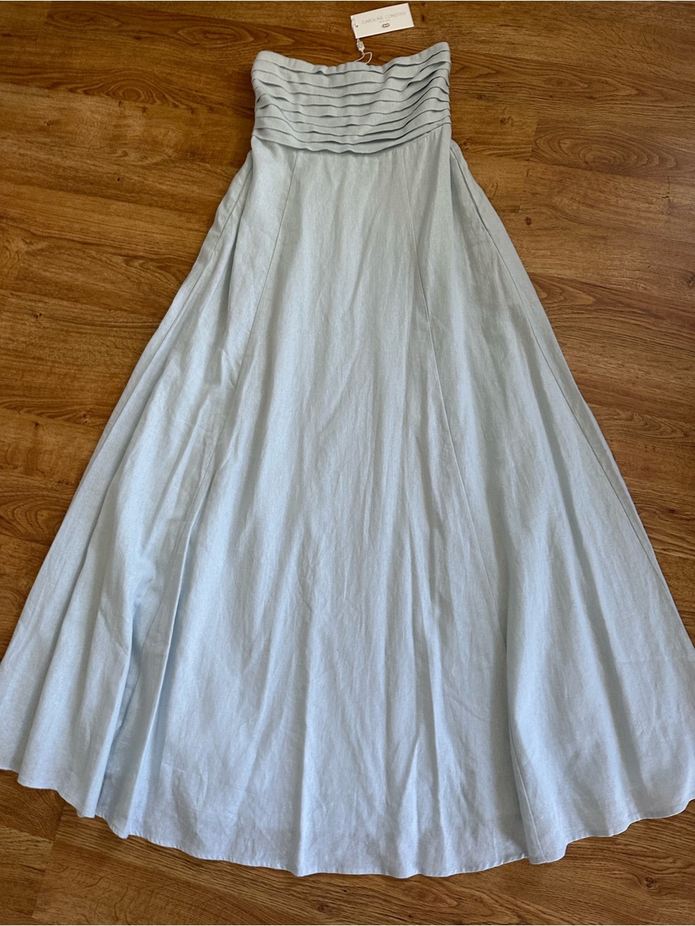 New Caroline Constas Strapless Pleated Maxi Dress S Linen Blend Baby Blue - Picture 11 of 12